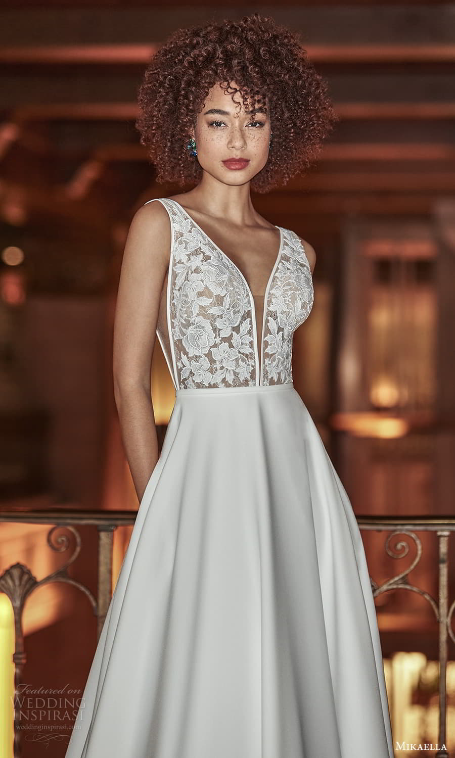 mikaella fall 2021 bridal sleeveless straps plunging v neckline lace bodice clean skirt a line wedding dress chapel train v back (7) zv