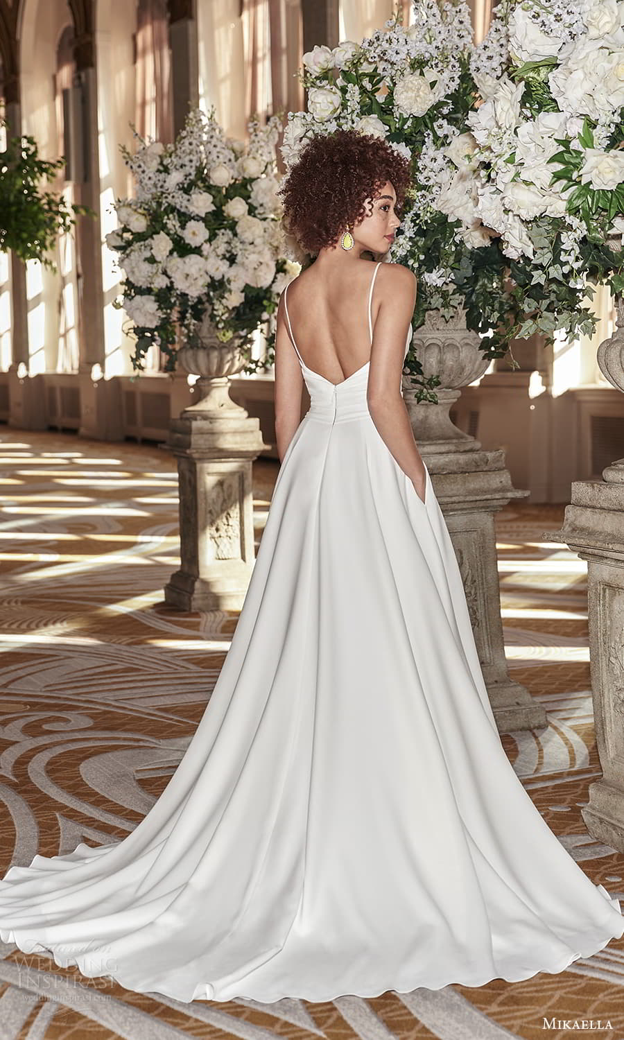 mikaella fall 2021 bridal sleeveless straps surplice neckline ruched bodice clean minimalist a line wedding dress chapel train (9) bv