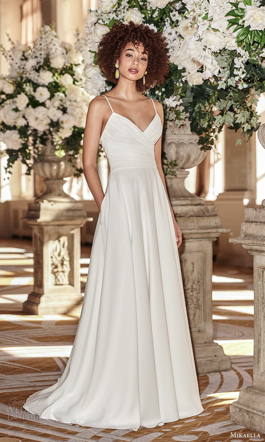 mikaella fall 2021 bridal sleeveless straps surplice neckline ruched bodice clean minimalist a line wedding dress chapel train (9) mv