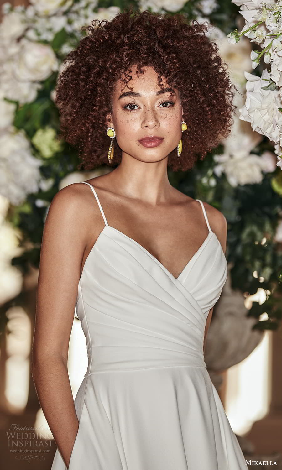 mikaella fall 2021 bridal sleeveless straps surplice neckline ruched bodice clean minimalist a line wedding dress chapel train (9) zv