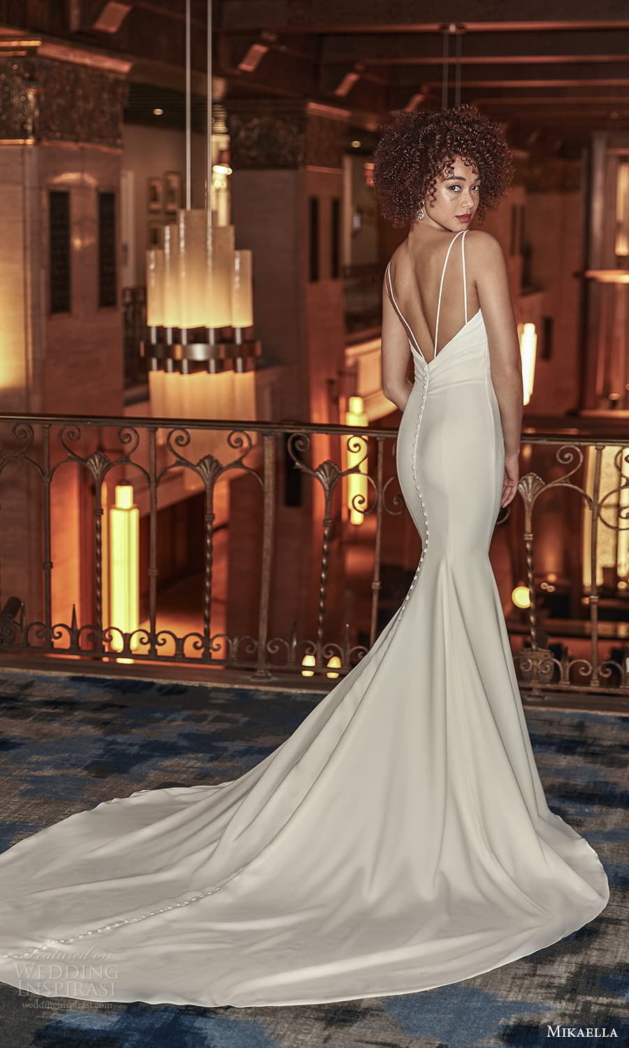 mikaella fall 2021 bridal sleeveless straps surplice v neckline ruched bodice sheath wedding dress chapel train (11) bv