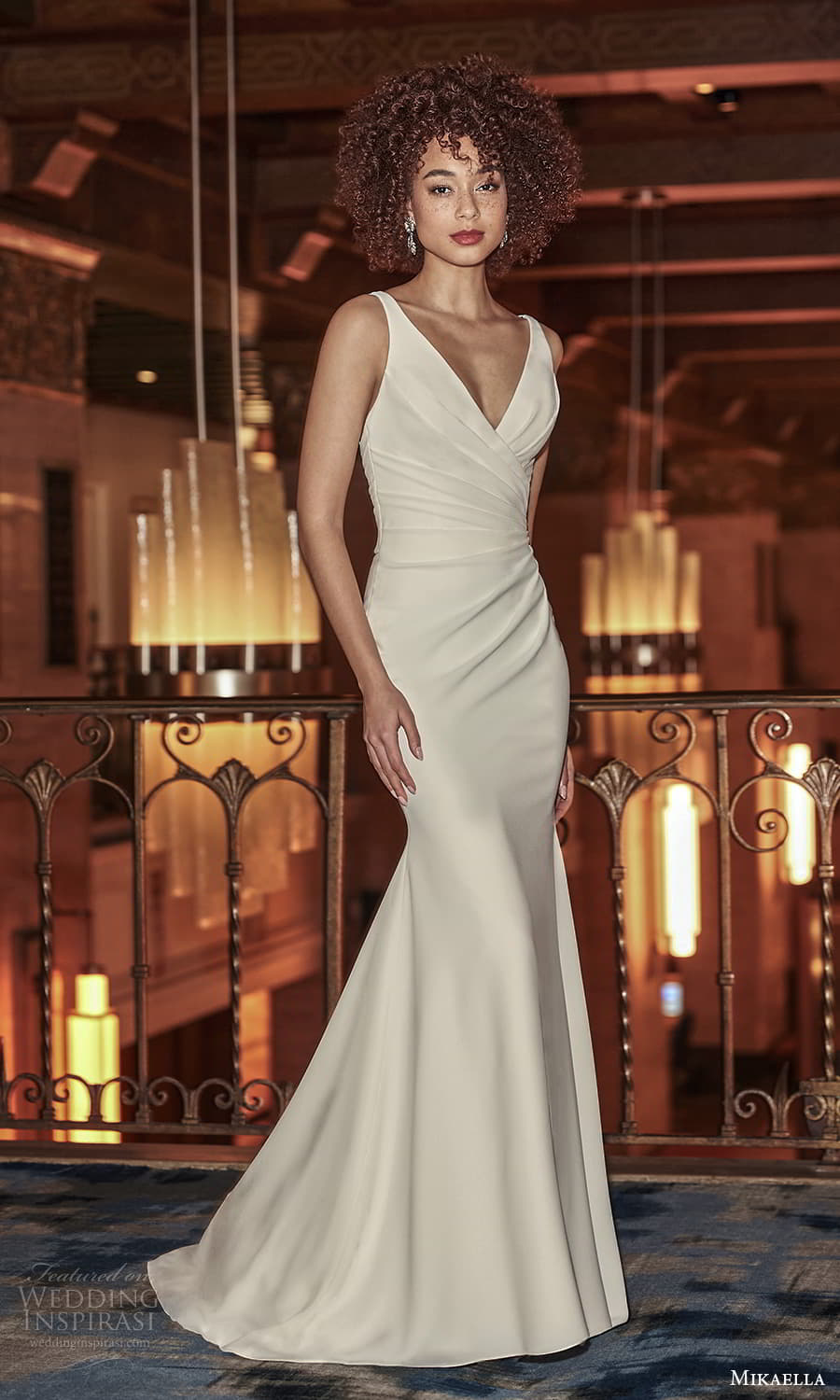 mikaella fall 2021 bridal sleeveless straps surplice v neckline ruched bodice sheath wedding dress chapel train (11) mv