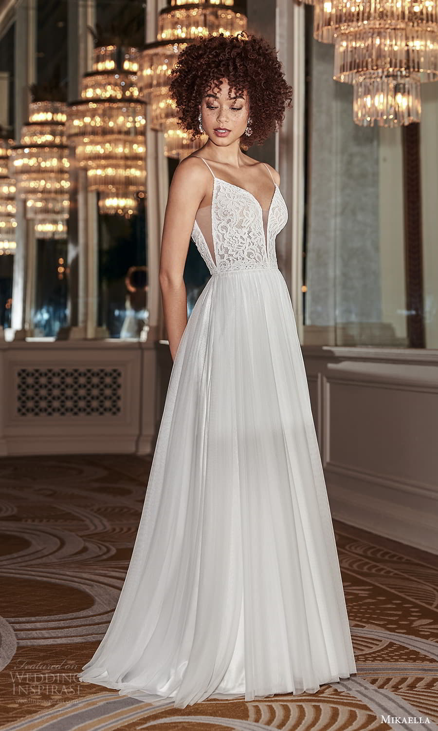 mikaella fall 2021 bridal sleeveless thin straps plunging v neckline lace bodice clean skirt a line wedding dress sweep skirt (8) mv