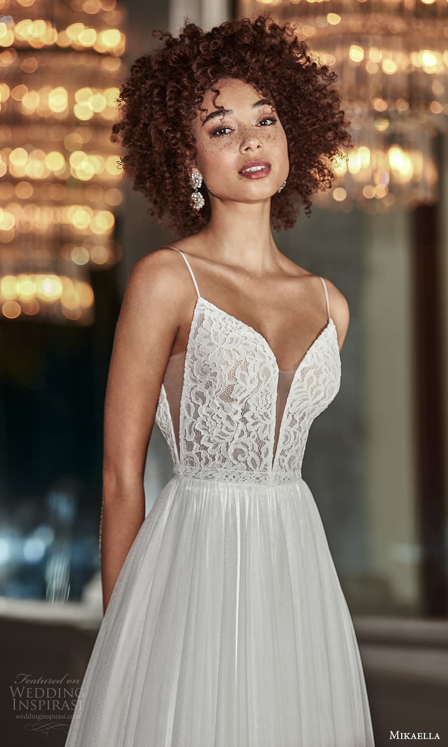 mikaella fall 2021 bridal sleeveless thin straps plunging v neckline lace bodice clean skirt a line wedding dress sweep skirt (8) zv