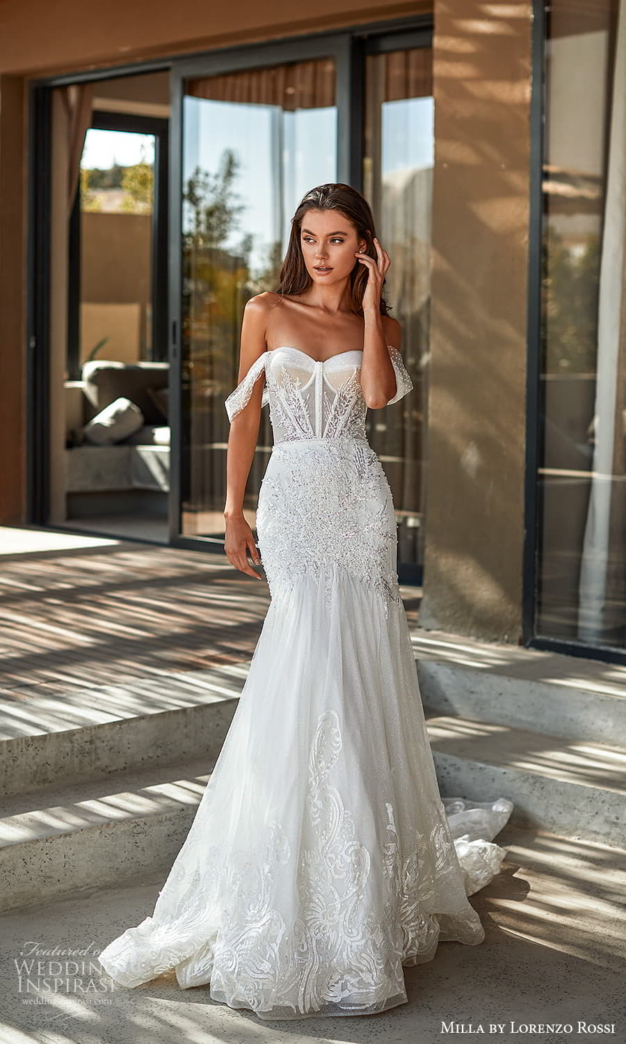 milla lorenzo rossi 2022 bridal off shoulder swag straps sweetheart neckline fully embellished fit flare mermaid wedding dress chapel train (5) mv