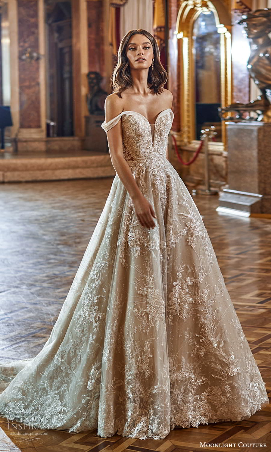 moonlight couture fall 2021 bridal off shoulder straps sweetheart neckline heavily embellished bodice a line ball gown wedding dress chapel trian (1) mv