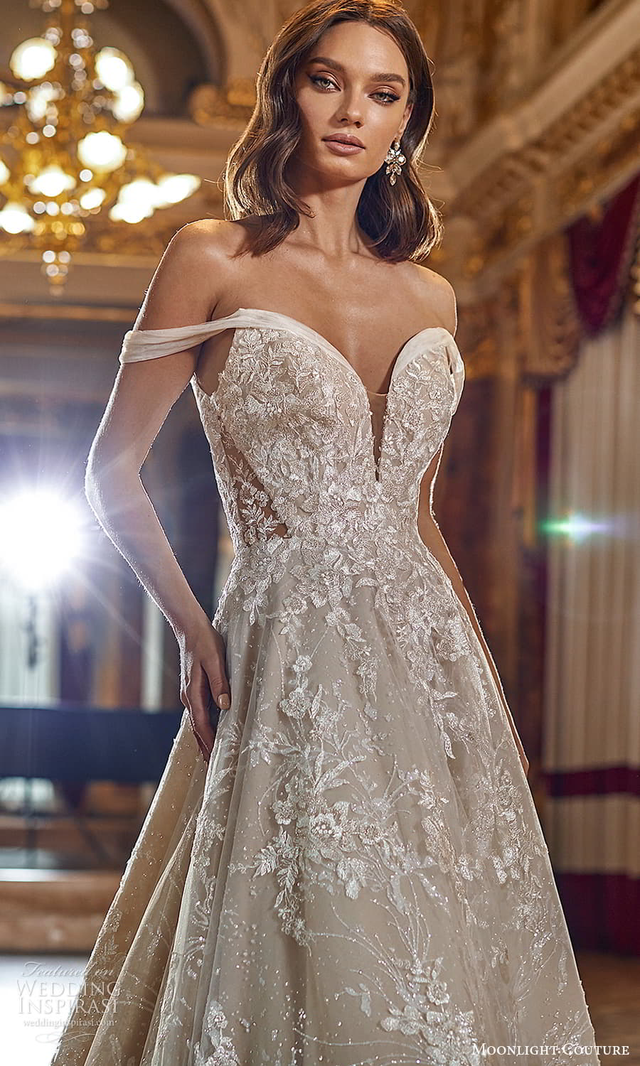 moonlight couture fall 2021 bridal off shoulder straps sweetheart neckline heavily embellished bodice a line ball gown wedding dress chapel trian (1) zv