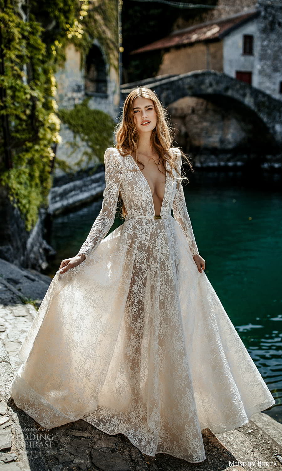 muse by berta spring 2022 bridal long puff sleeve plunging v neckline fully embellished lace a line ball gown wedding dress chapel train (5) fv