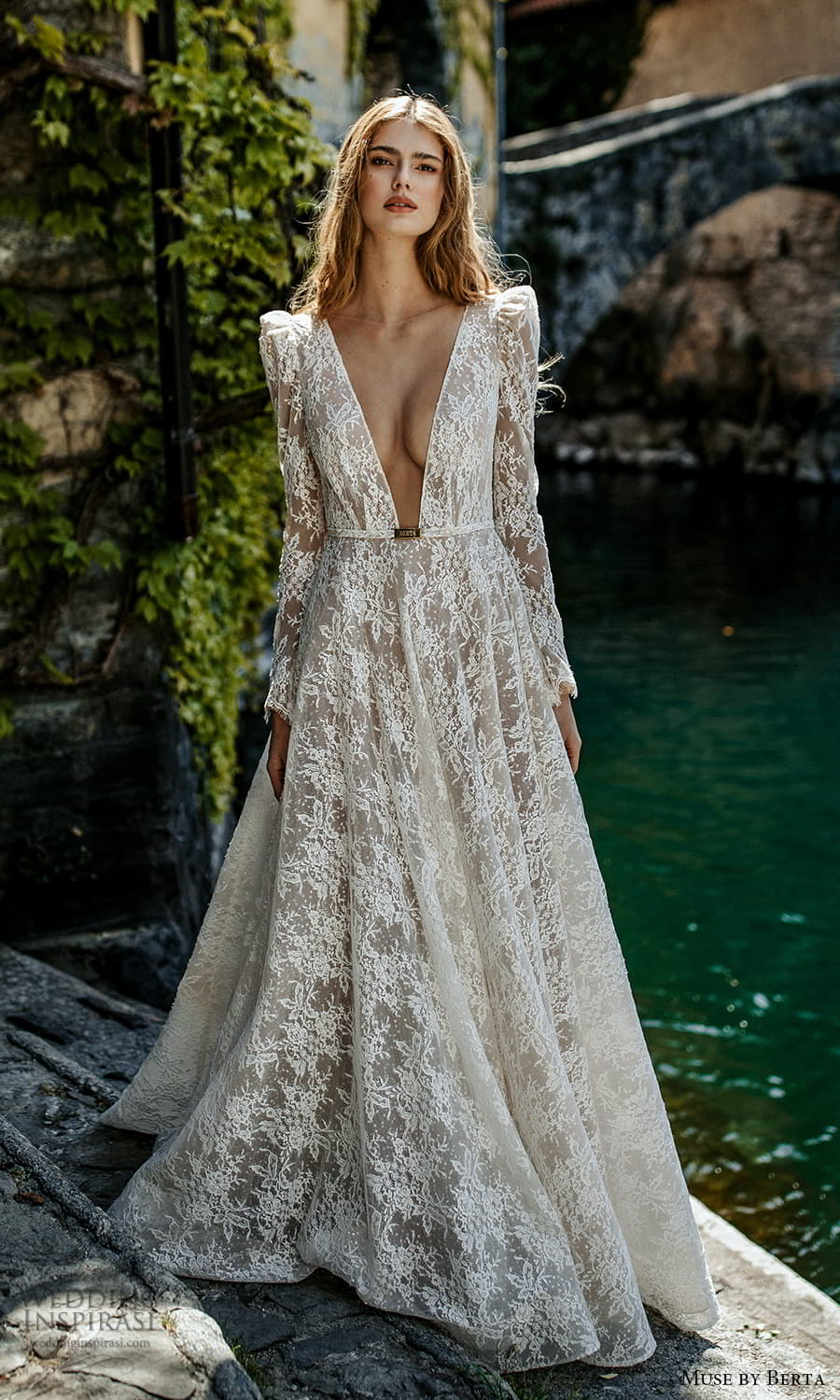 muse by berta spring 2022 bridal long puff sleeve plunging v neckline fully embellished lace a line ball gown wedding dress chapel train (5) mv