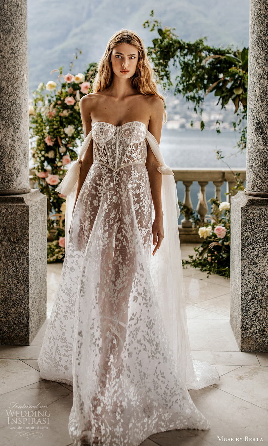 muse by berta spring 2022 bridal off shoulder straps sweetheart neckline fully embellished lace a line ball gown wedding dress chapel train ( 16) mv