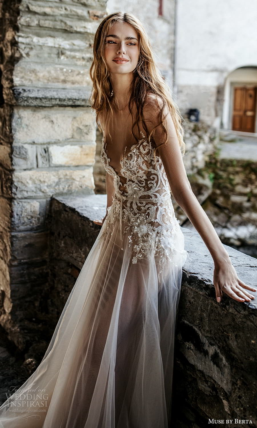 muse by berta spring 2022 bridal sleeveless sheer straps plunging v neckline embellished bodice a line wedding dress chapel train (2) mv