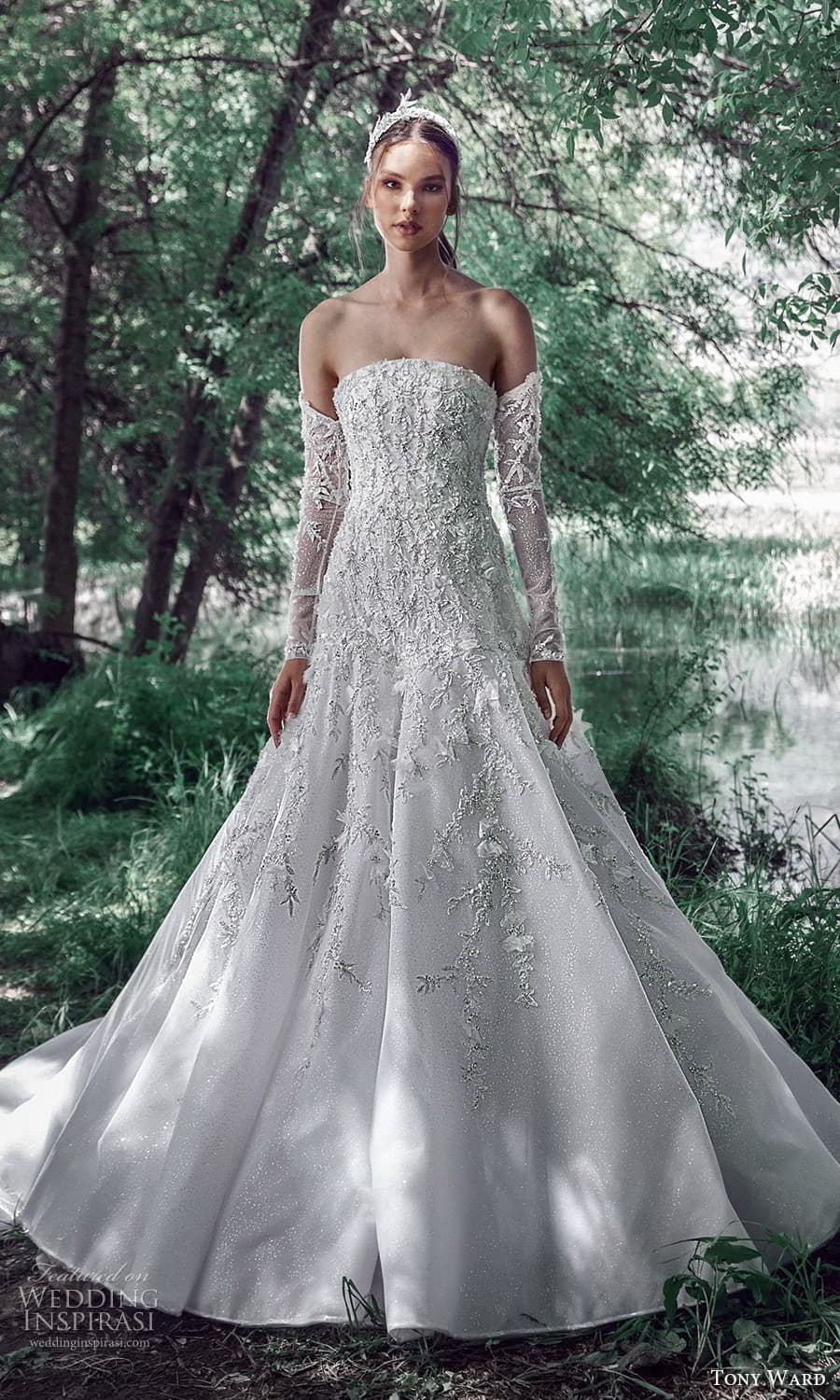 tony ward spring 2022 bridal detached long sleeves strapless curved neckline fully embellished trumpet modified a line wedding dress chapel train (13) mv