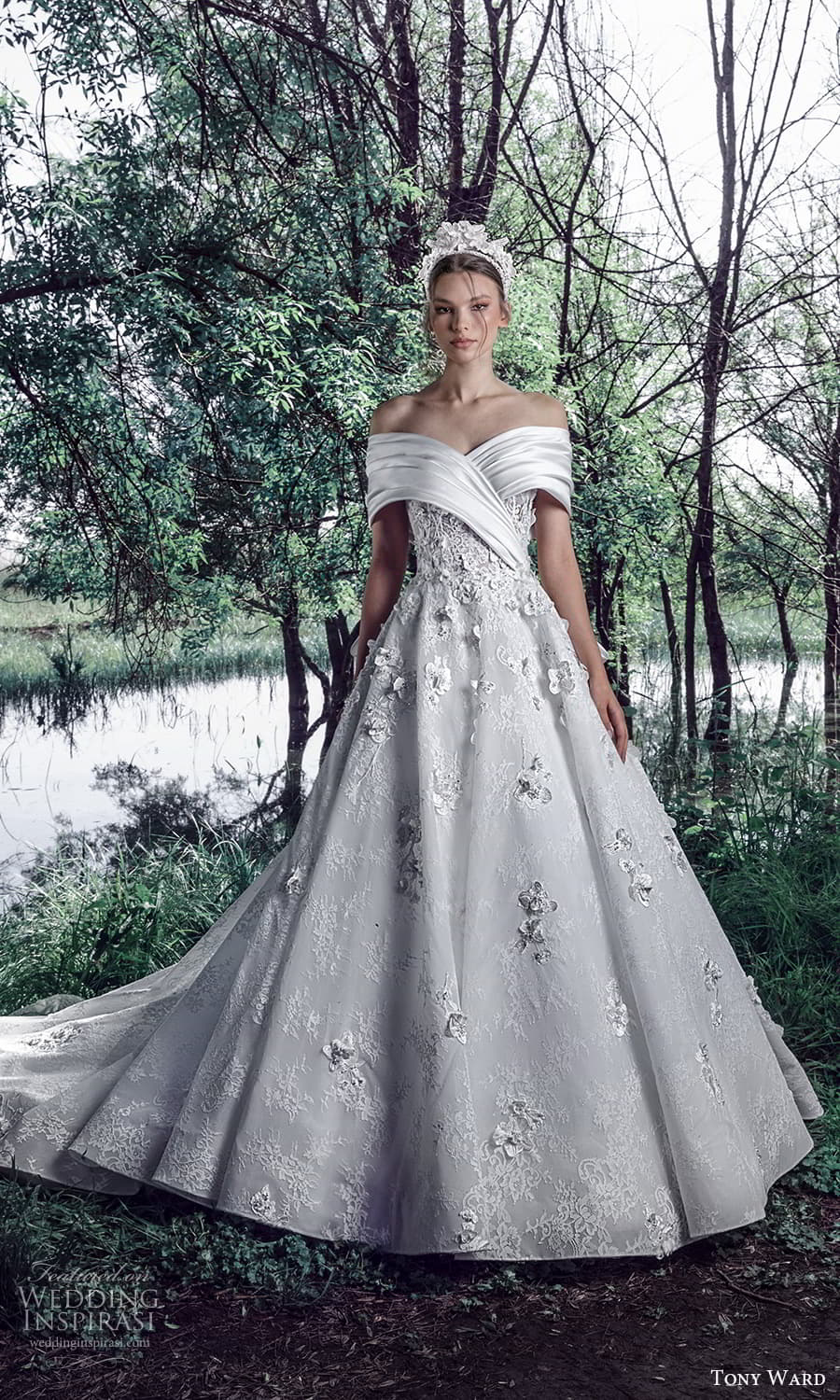 tony ward spring 2022 bridal elbow length off shoulder sleeve sweetheart neckline embellished a line ball gown wedding dress chapel train (13) mv