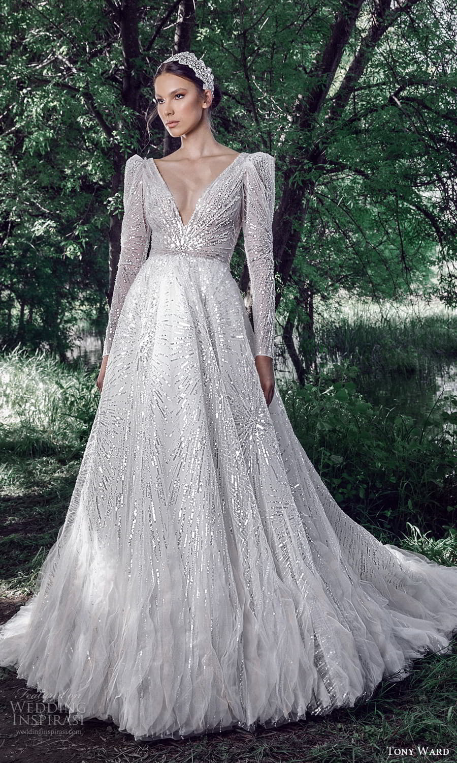 tony ward spring 2022 bridal long puff sleeve v neckline fully embellished a line ball gown wedding dress chapel train (8) mv