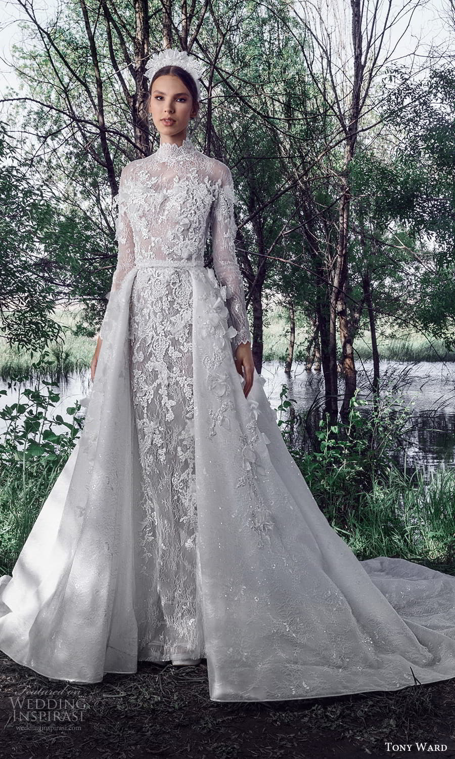 tony ward spring 2022 bridal long sleeve high neckline fully embellished lace sheath wedding dress a line overskirt chapel train (3) mv