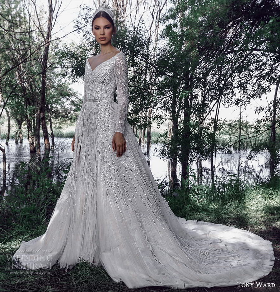 tony ward spring 2022 bridal long sleeve v neckline fully embellished a line ball gown wedding dress chapel train (9) mv