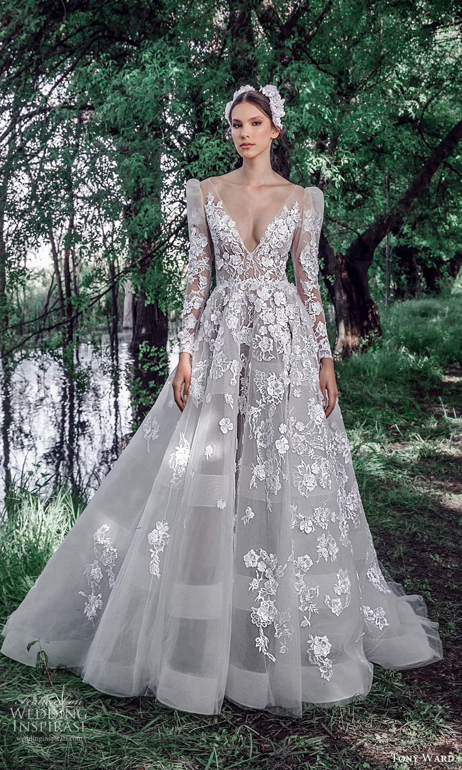 tony ward spring 2022 bridal sheer long puff sleeve v neckline fully embellished a line ball gown wedding dress chapel train (1) mv