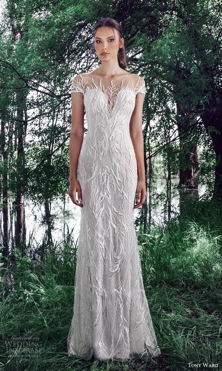 tony ward spring 2022 bridal sheer short sleeves illusion bateau neckline sweetheart neckline fully embellished sheath wedding dress chapel train (2) mv