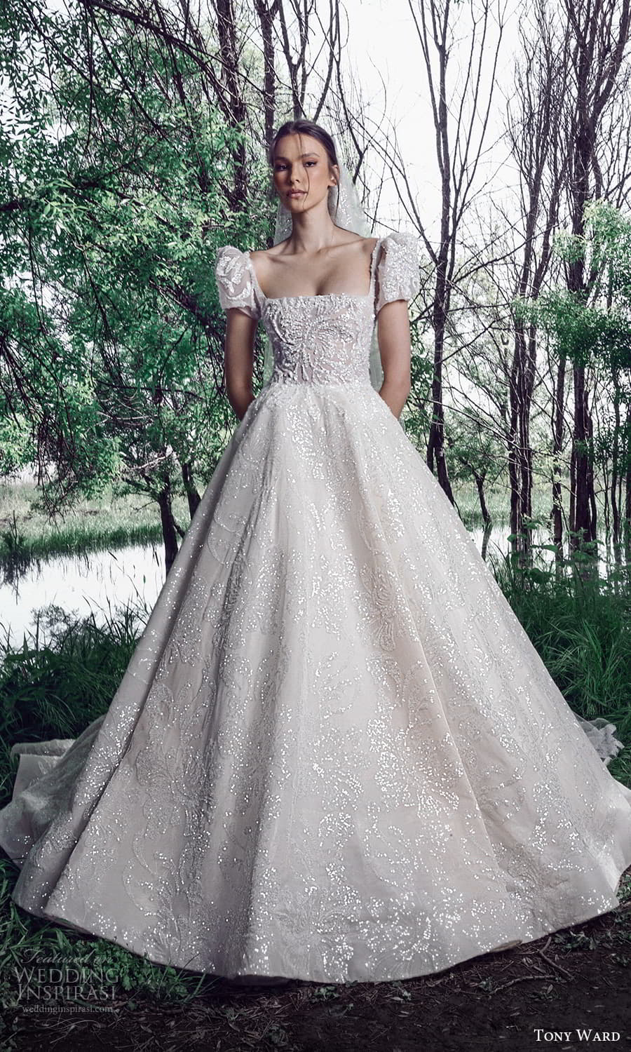 tony ward spring 2022 bridal short puff sleeves square neckline fully embellished a line ball gown wedding dress chapel train (4) mv