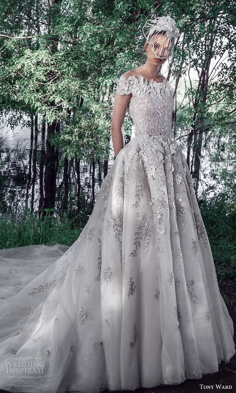 tony ward spring 2022 bridal short sleeves bateau neckline fully embellished sheath wedding dress a line ball gown overskirt cathedral train (12) mv