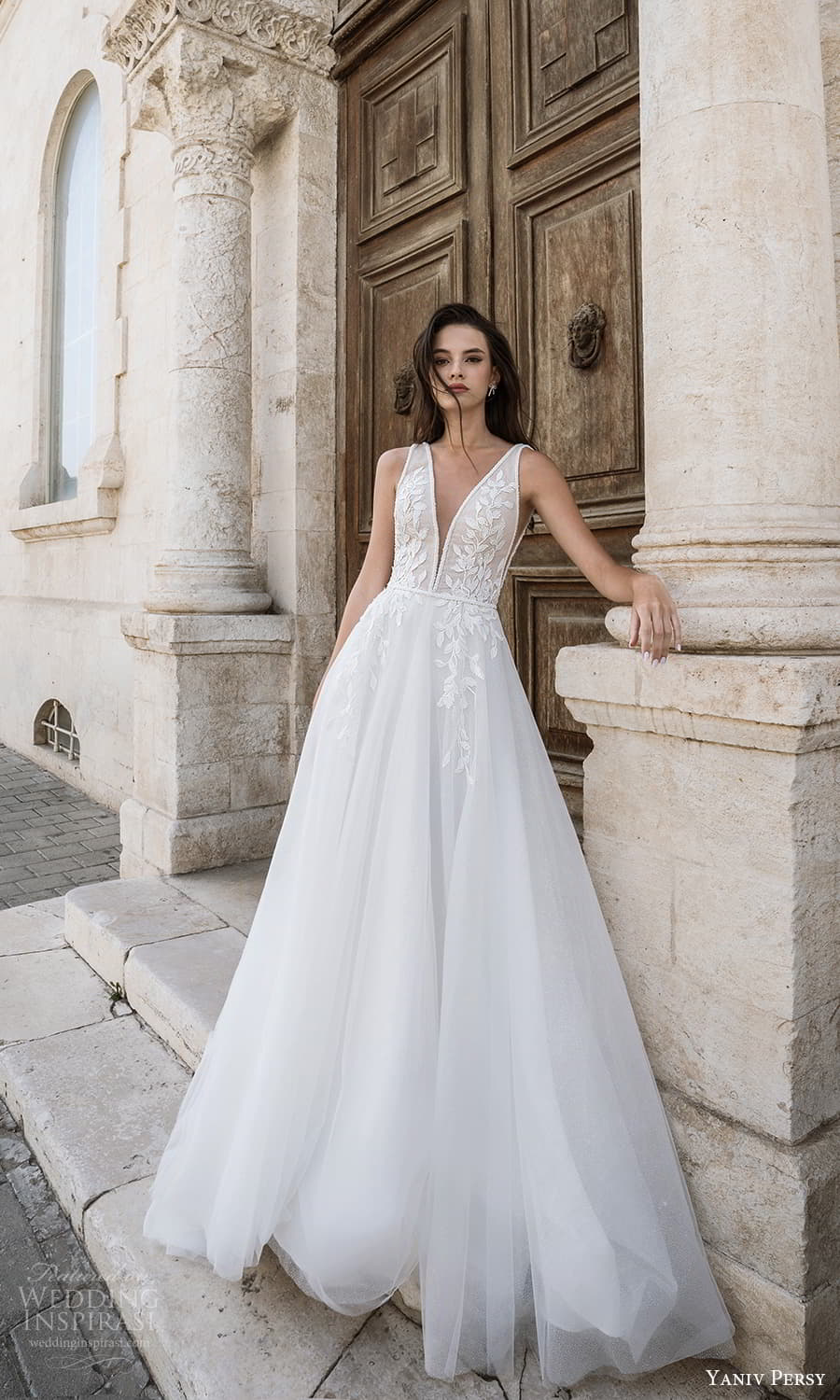 yaniv persy spring 2022 bridal sleeveless straps v neckline embellished bodice a line ball gown wedding dress (8) mv