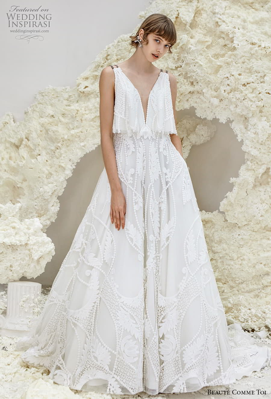 beaute comme toi spring 2022 bridal double strap deep v neck full embellishment romantic a line wedding dress v back chapel train (eleanor) mv