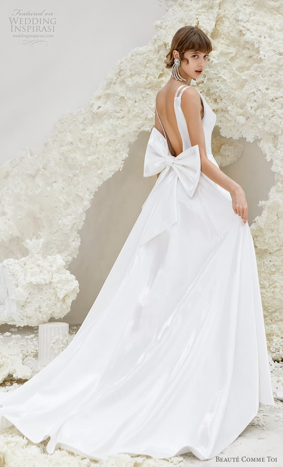 beaute comme toi spring 2022 bridal double strap deep v neckline simple minimalist modern chic a line wedding dress low ribbon back chapel train (phyllis) bv