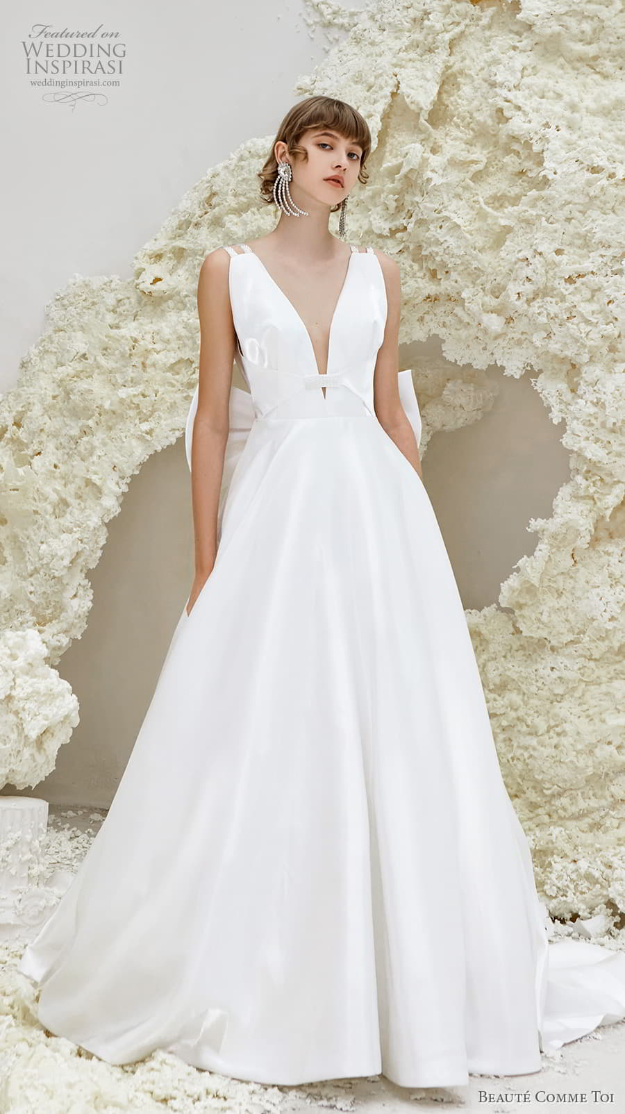 beaute comme toi spring 2022 bridal double strap deep v neckline simple minimalist modern chic a line wedding dress low ribbon back chapel train (phyllis) mv