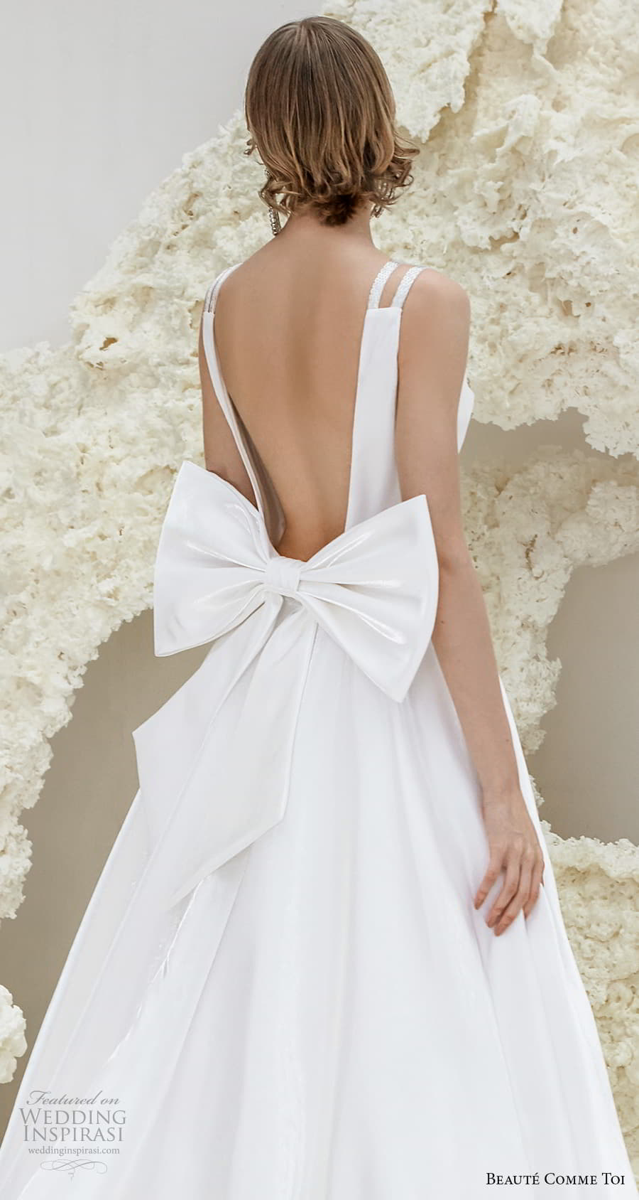 beaute comme toi spring 2022 bridal double strap deep v neckline simple minimalist modern chic a line wedding dress low ribbon back chapel train (phyllis) zbv