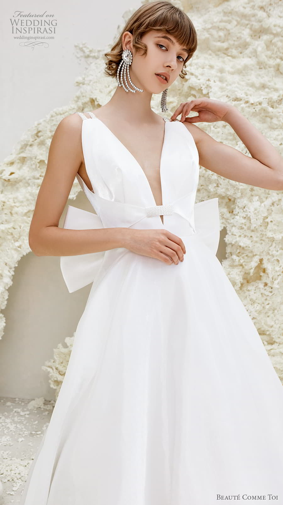 beaute comme toi spring 2022 bridal double strap deep v neckline simple minimalist modern chic a line wedding dress low ribbon back chapel train (phyllis) zv