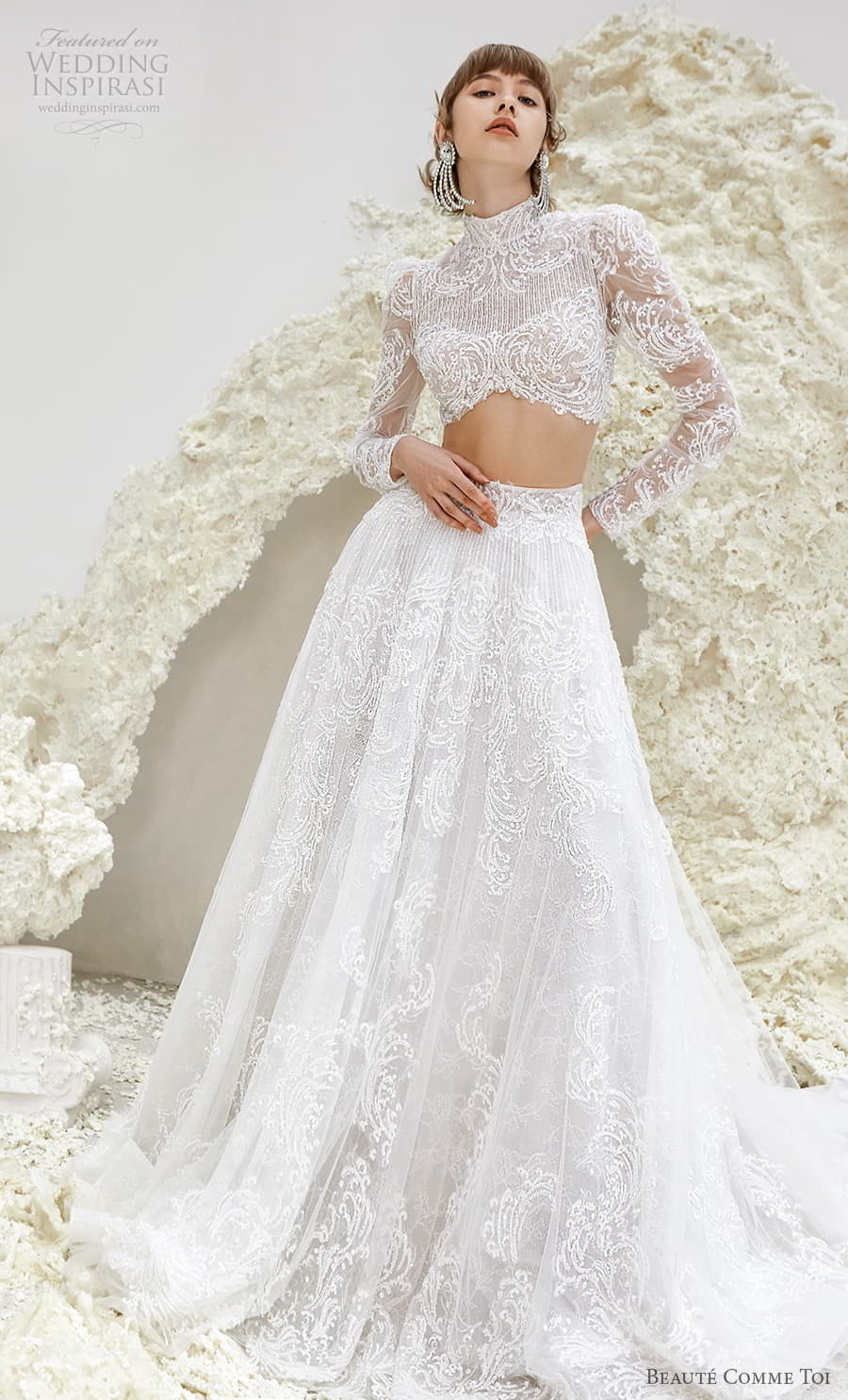 beaute comme toi spring 2022 bridal long sleeve high neckline crop top a line ball gown wedding dress chapel train (ursula) mv