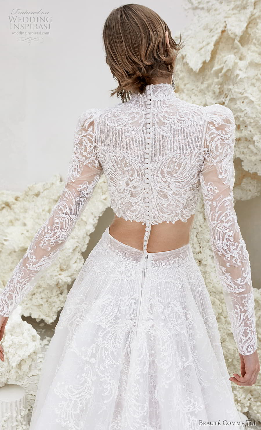 beaute comme toi spring 2022 bridal long sleeve high neckline crop top a line ball gown wedding dress chapel train (ursula) zbv