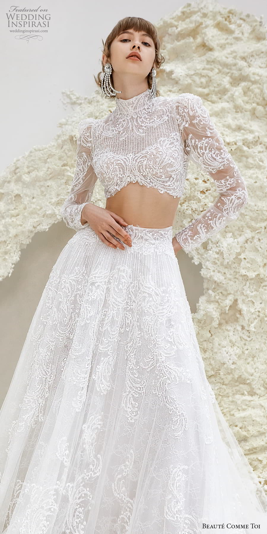 beaute comme toi spring 2022 bridal long sleeve high neckline crop top a line ball gown wedding dress chapel train (ursula) zv