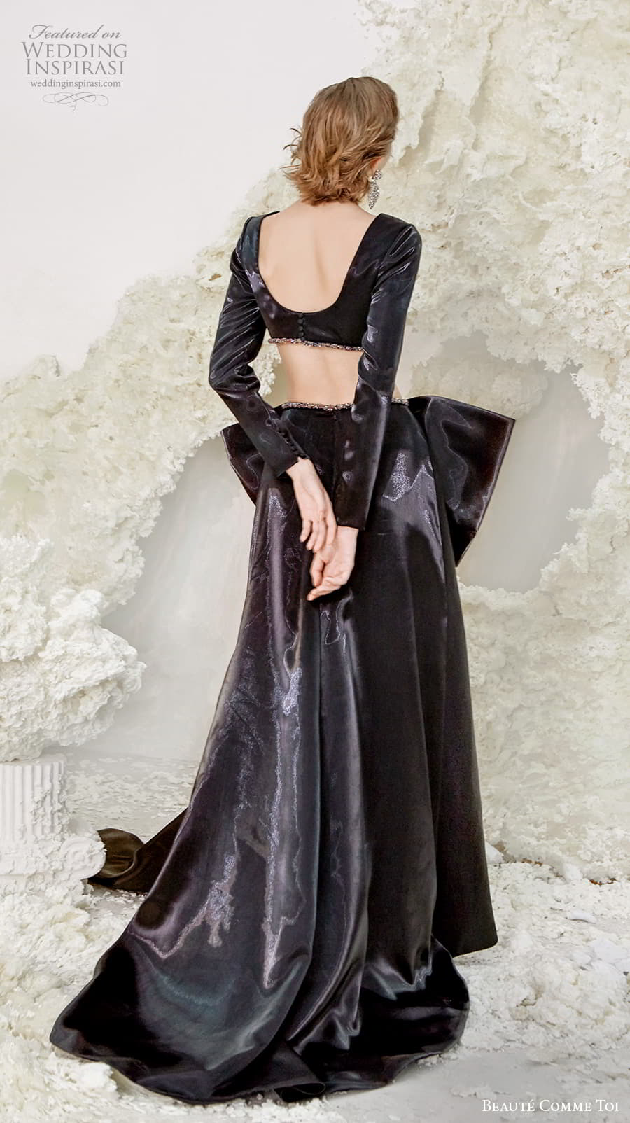 beaute comme toi spring 2022 bridal long sleeves bateau neck simple minimalist crop top black bow a line wedding dress slit skirt scoop back chapel train (maisie) bv