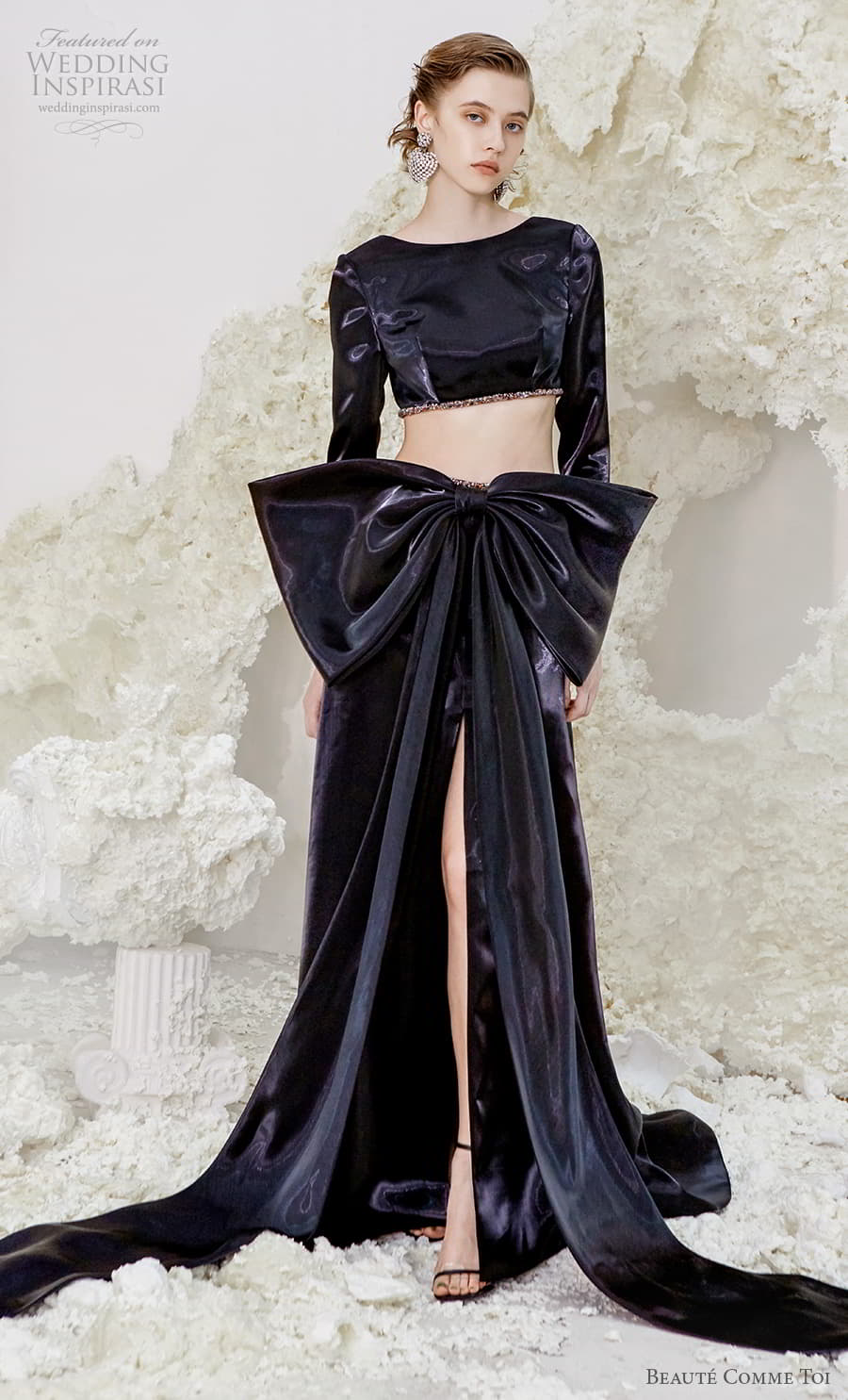 beaute comme toi spring 2022 bridal long sleeves bateau neck simple minimalist crop top black bow a line wedding dress slit skirt scoop back chapel train (maisie) mv