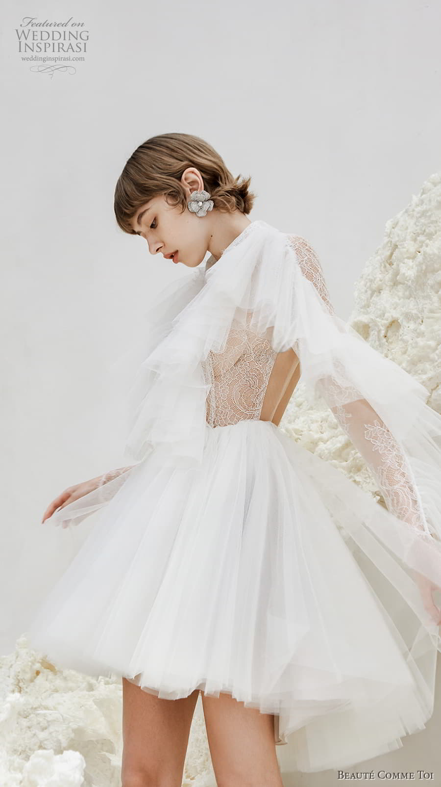 beaute comme toi spring 2022 bridal long tiered sleeves collar neck heavily embellished bodice pretty short wedding dress keyhole back (maeve) sv