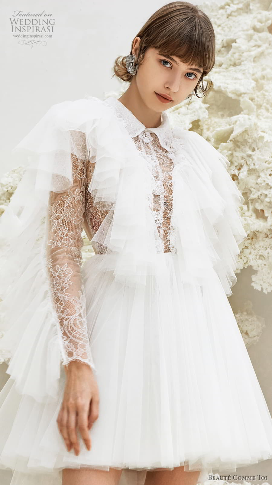 beaute comme toi spring 2022 bridal long tiered sleeves collar neck heavily embellished bodice pretty short wedding dress keyhole back (maeve) zv