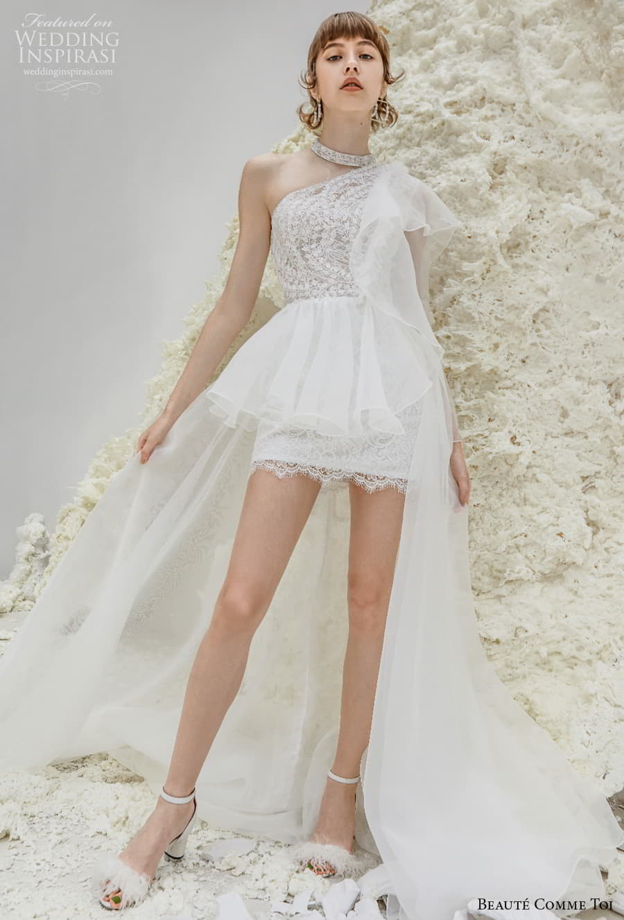 beaute comme toi spring 2022 bridal one shoulder heavily embellished bodice romantic mini short wedding dress a line overskirt chapel train (patricia) mv