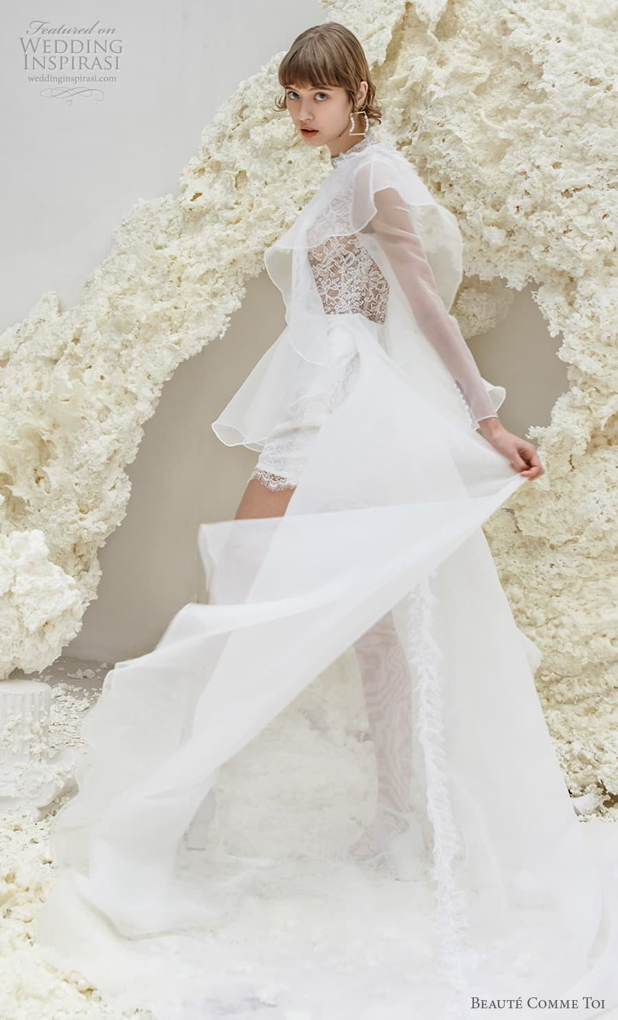 beaute comme toi spring 2022 bridal one shoulder heavily embellished bodice romantic mini short wedding dress a line overskirt chapel train (patricia) sv