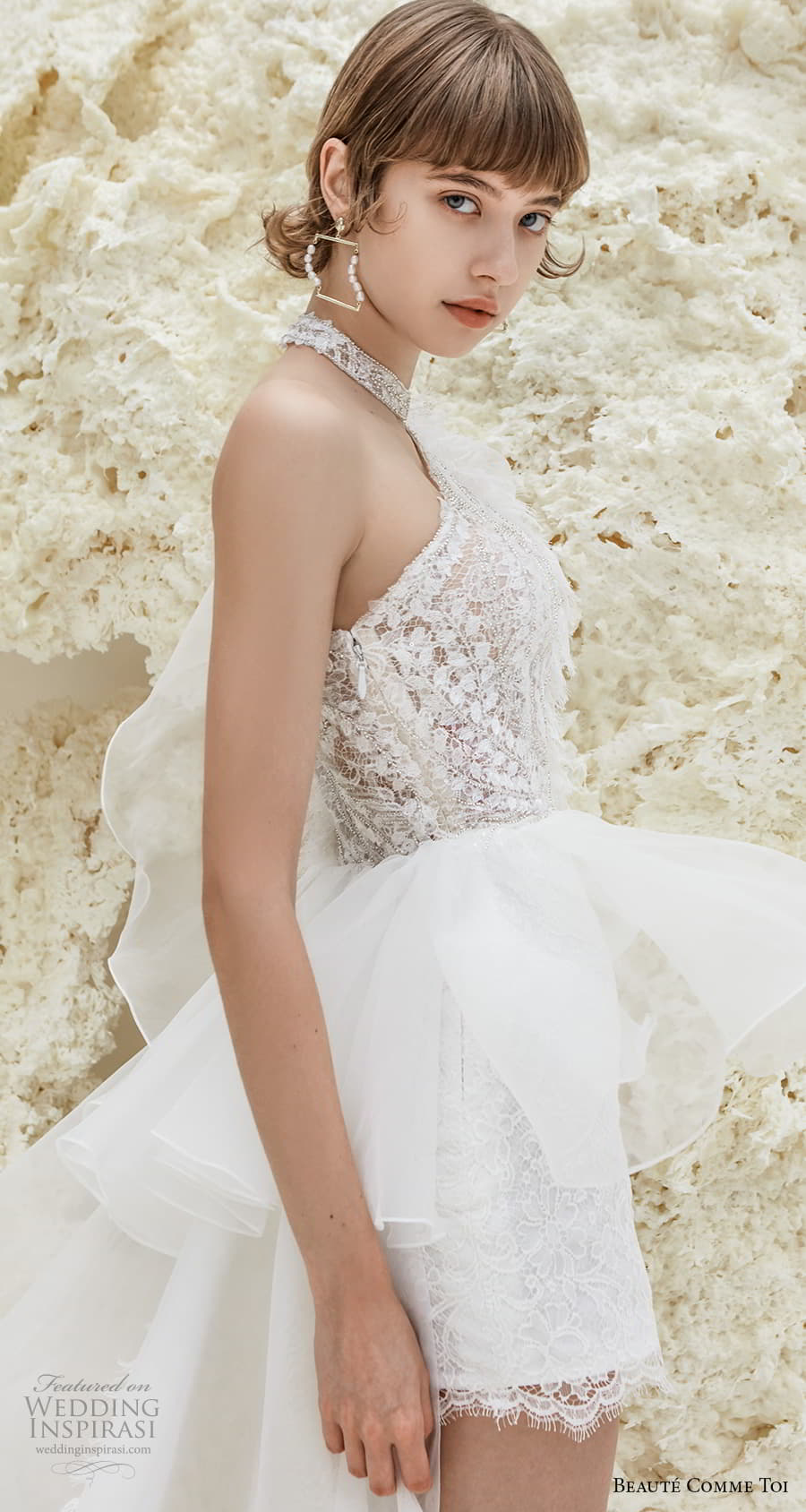 beaute comme toi spring 2022 bridal one shoulder heavily embellished bodice romantic mini short wedding dress a line overskirt chapel train (patricia) zsv