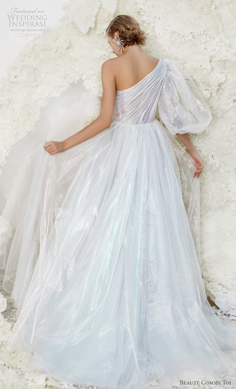 beaute comme toi spring 2022 bridal one shoulder three quarter bishop sleeves ruched bodice glitter elegant a line wedding dress slit skirt chapel train (verna) bv