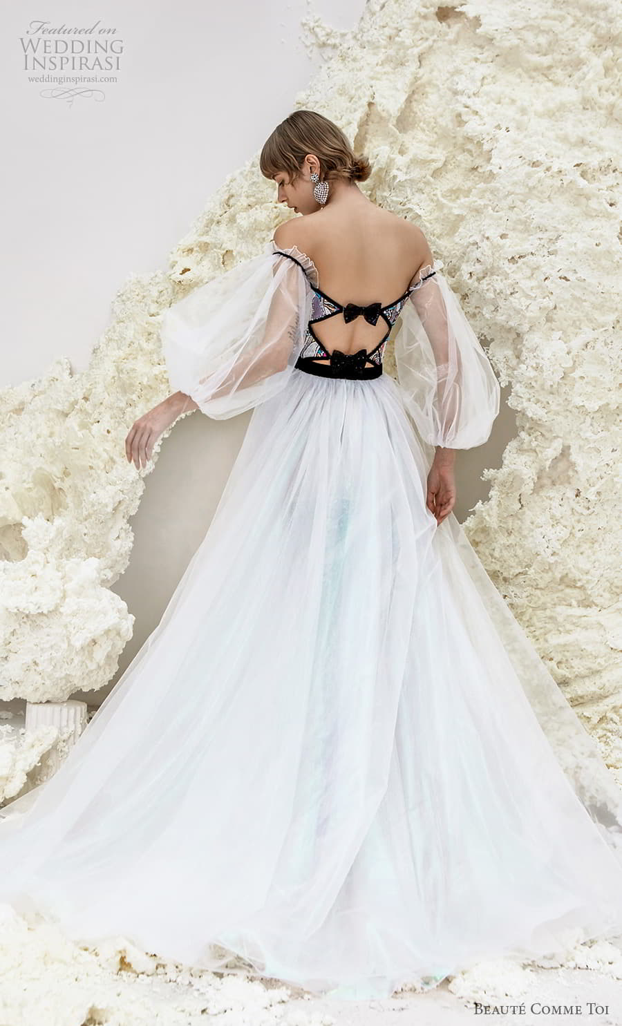 beaute comme toi spring 2022 bridal sheer bishop sleeves off shoulder semi sweetheart neckline cutout bodice a line ball gown wedding dress (isla) bv