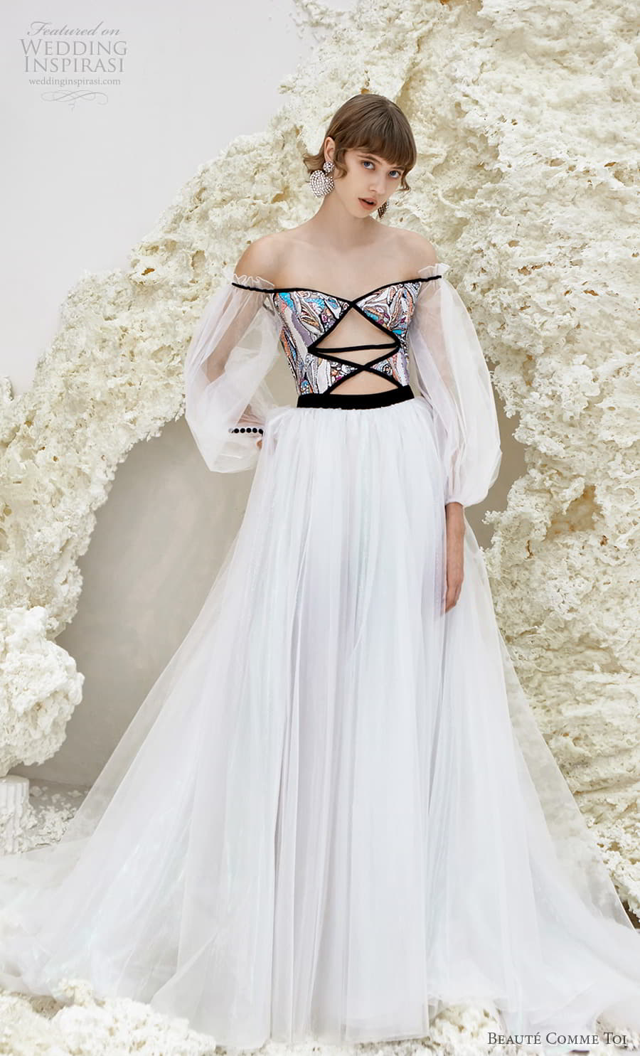 beaute comme toi spring 2022 bridal sheer bishop sleeves off shoulder semi sweetheart neckline cutout bodice a line ball gown wedding dress (isla) mv