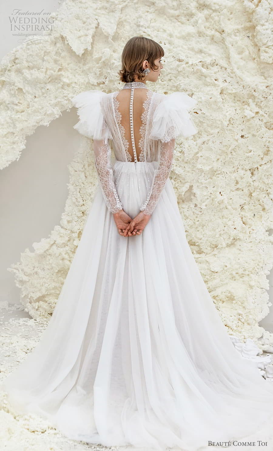 beaute comme toi spring 2022 bridal sheer long flutter sleeve plunging v neckline ruched lace bodice a line ball gown wedding dress chapel train (reese) bv