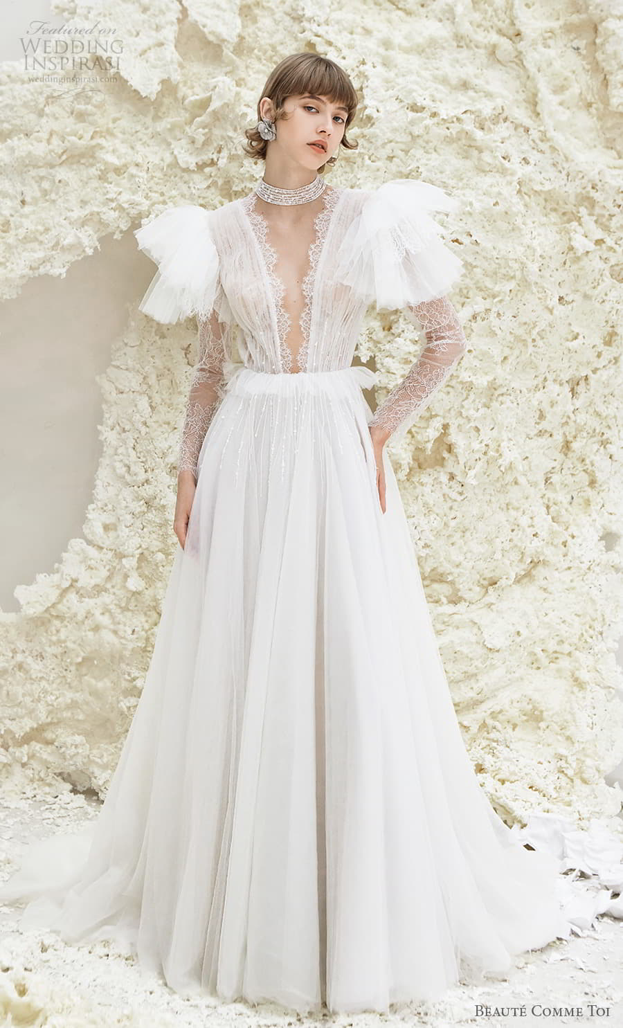 beaute comme toi spring 2022 bridal sheer long flutter sleeve plunging v neckline ruched lace bodice a line ball gown wedding dress chapel train (reese) mv