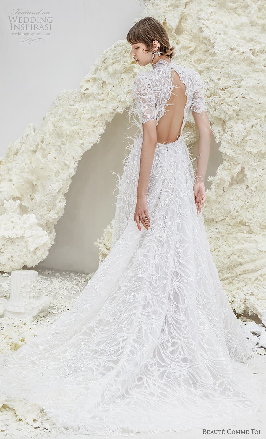 beaute comme toi spring 2022 bridal short puff sleeves high neckline fully embellished a line wedding dress feather chapel train (sheila) bv