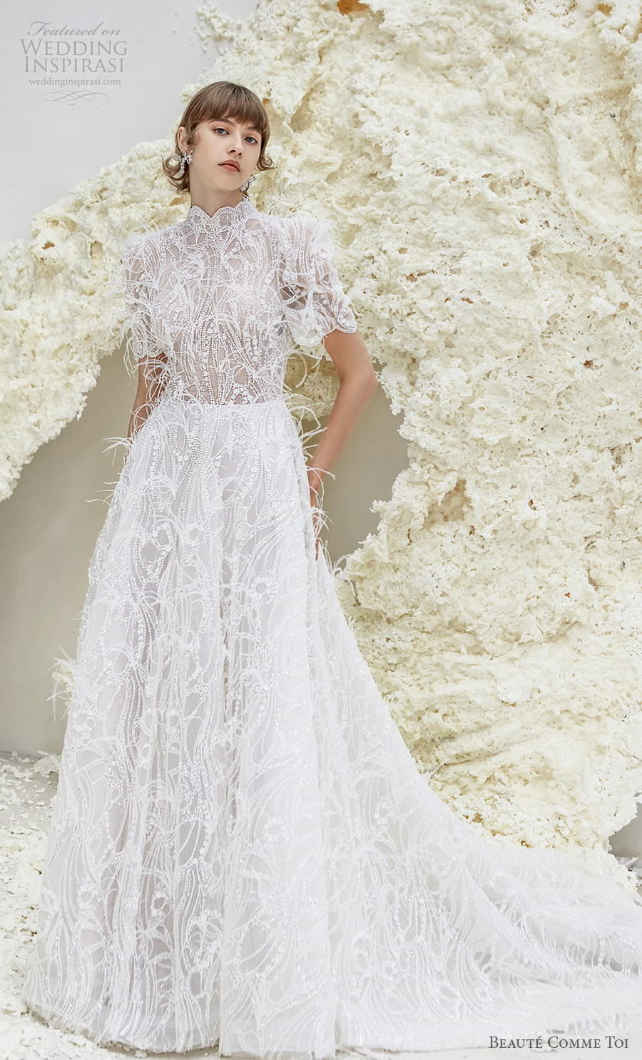 beaute comme toi spring 2022 bridal short puff sleeves high neckline fully embellished a line wedding dress feather chapel train (sheila) mv