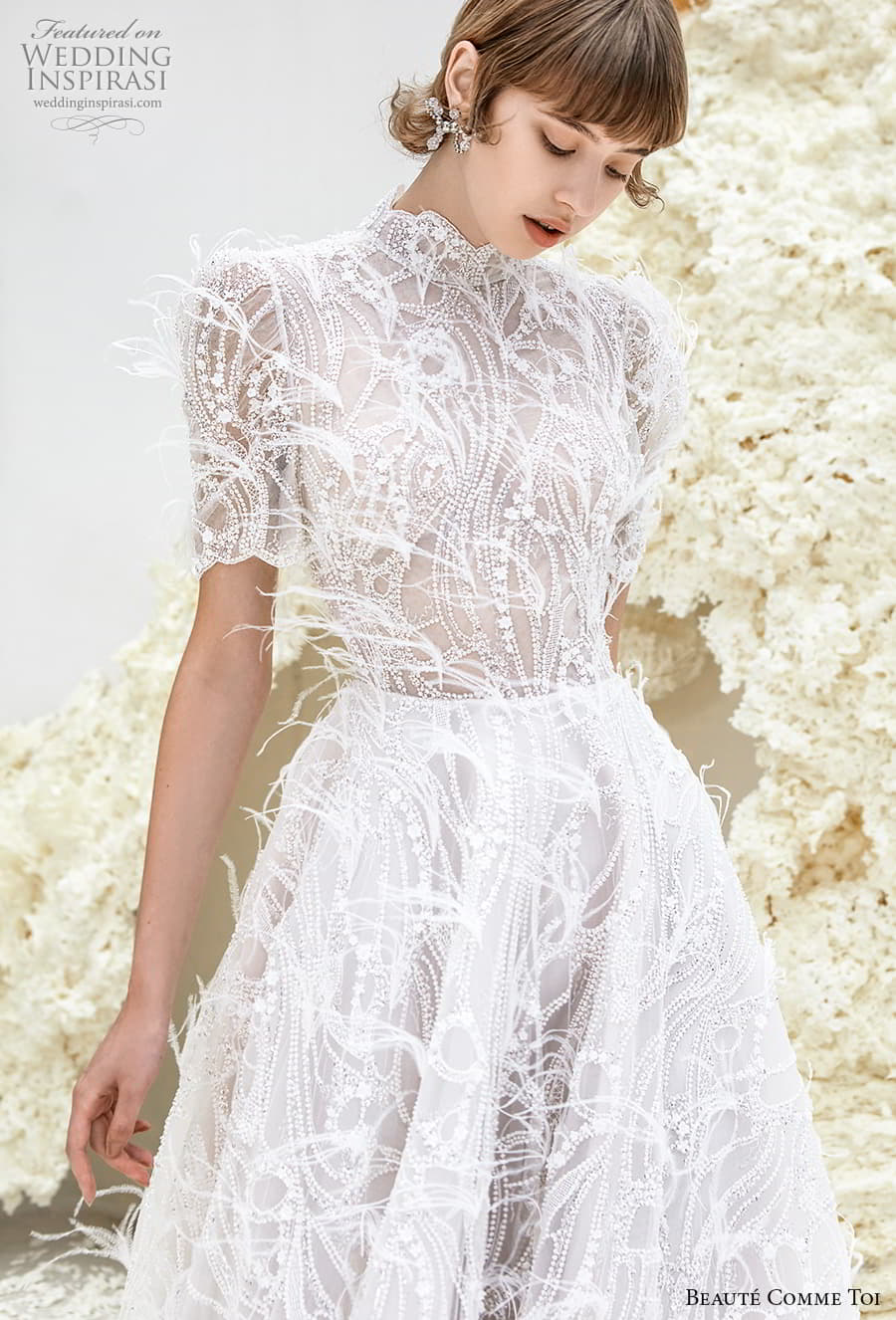 beaute comme toi spring 2022 bridal short puff sleeves high neckline fully embellished a line wedding dress feather chapel train (sheila) zv