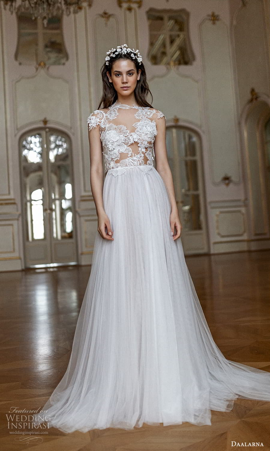 daalarna spring 2022 bridal cap sleeve jewel neckline sheer embellished lace bodice clean skirt a line ball gown wedding dress chapel train (13) mv