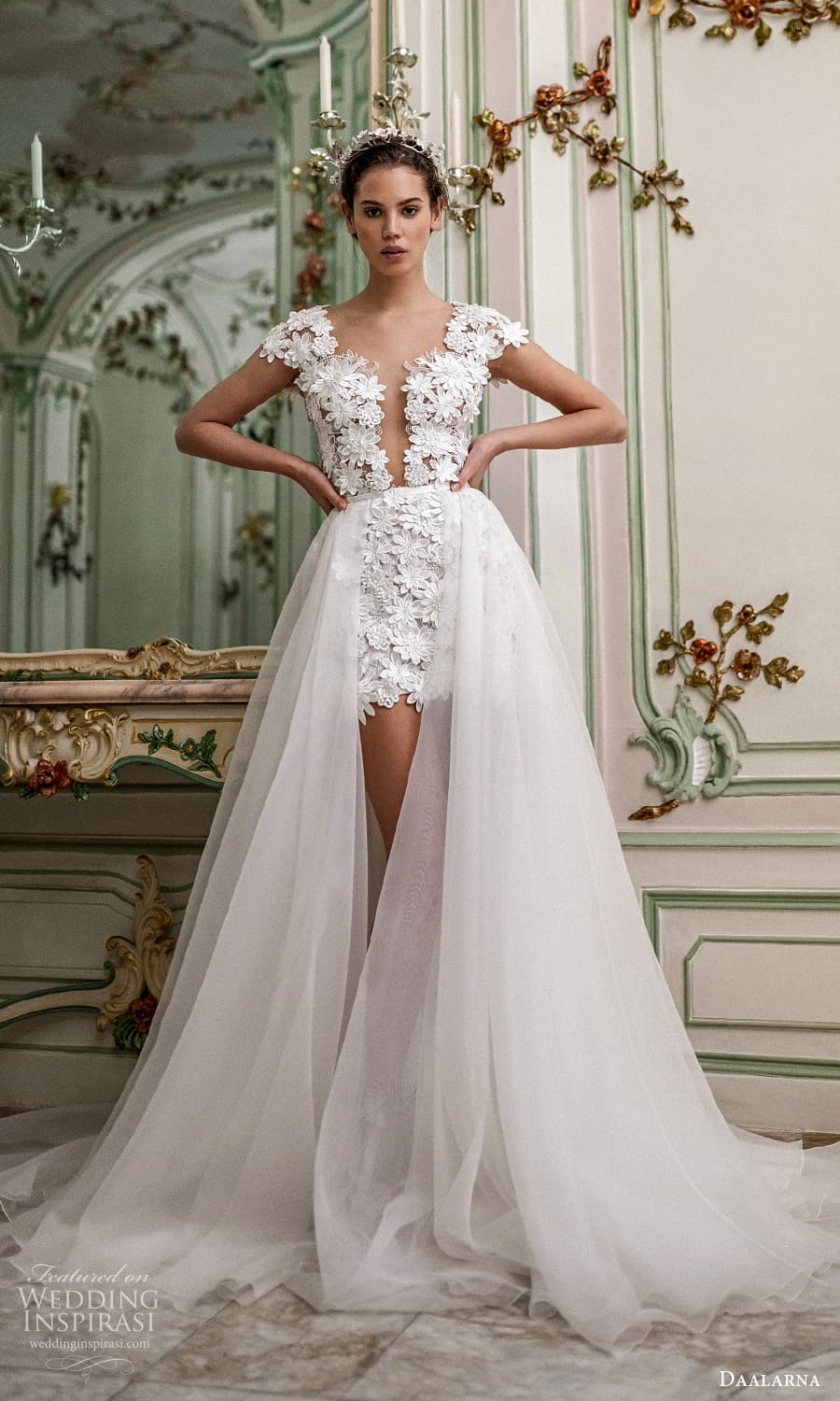 daalarna spring 2022 bridal cap sleeves plunging v neckline fully embellished lace short wedding dress a line overskirt chapel train (30) mv